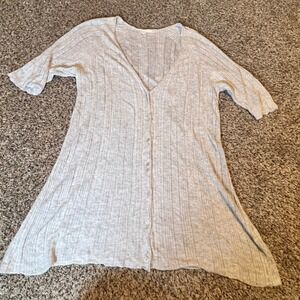 Eileen Fisher Gray Linen Blend Ribbed Knit Longline Button Front Cardigan Large